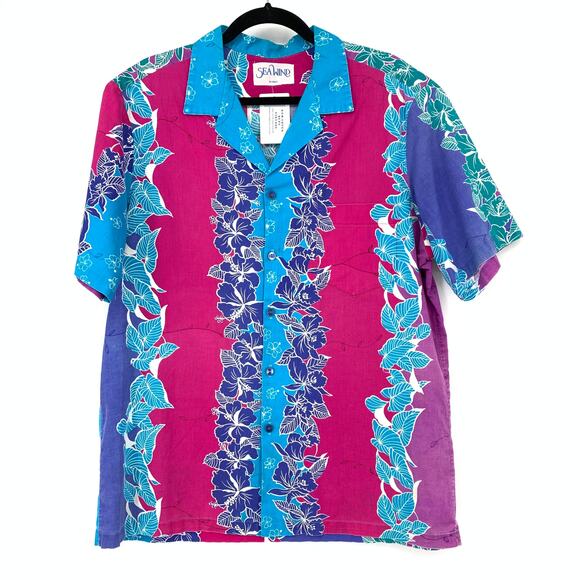 Vintage Sea Wind Aloha Shirt Mens Size XL Blue Pink Striped Floral Print *FLAW - Picture 1 of 7